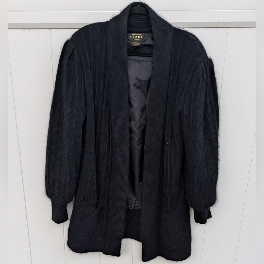 Gizel New Collections Black Angora Blend Open Cardigan Sz L / XL Puff Sleeve